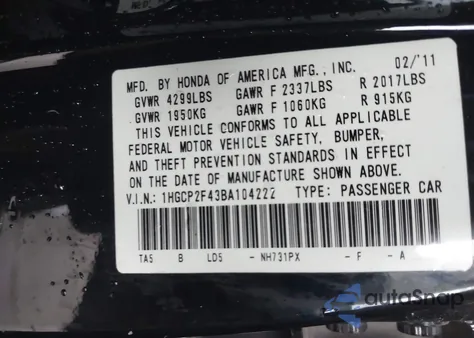 2011 Honda Accord 2.4 Lx-P from USA, damaged, VIN 1HGCP2F43BA104222